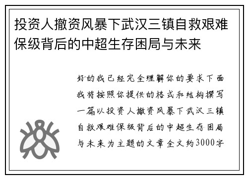 投资人撤资风暴下武汉三镇自救艰难保级背后的中超生存困局与未来